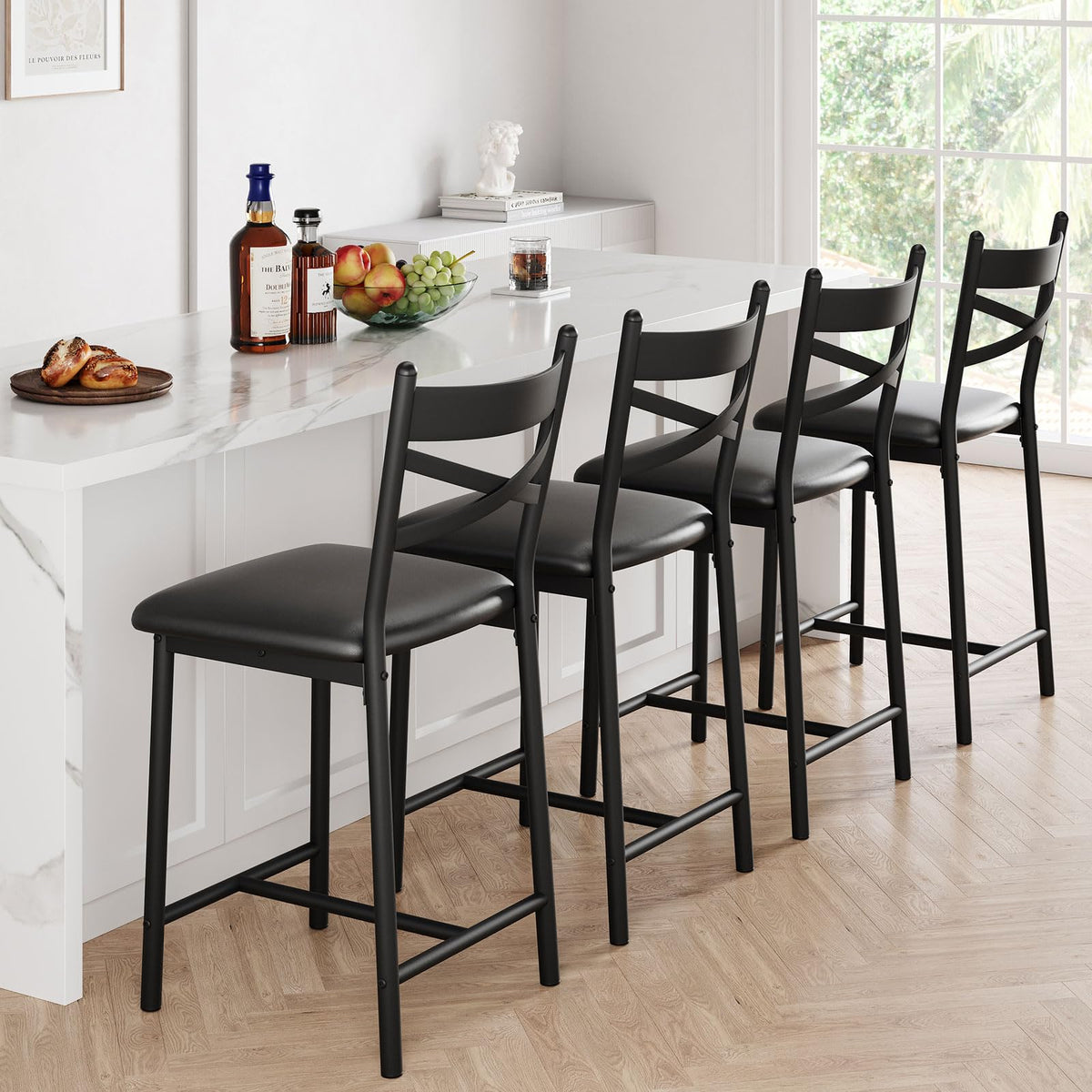 Garvee Juego de 4 Taburetes Altos de Bar con Respaldo Metálico en X para Isla de Cocina o Comedor 56cm Negro
