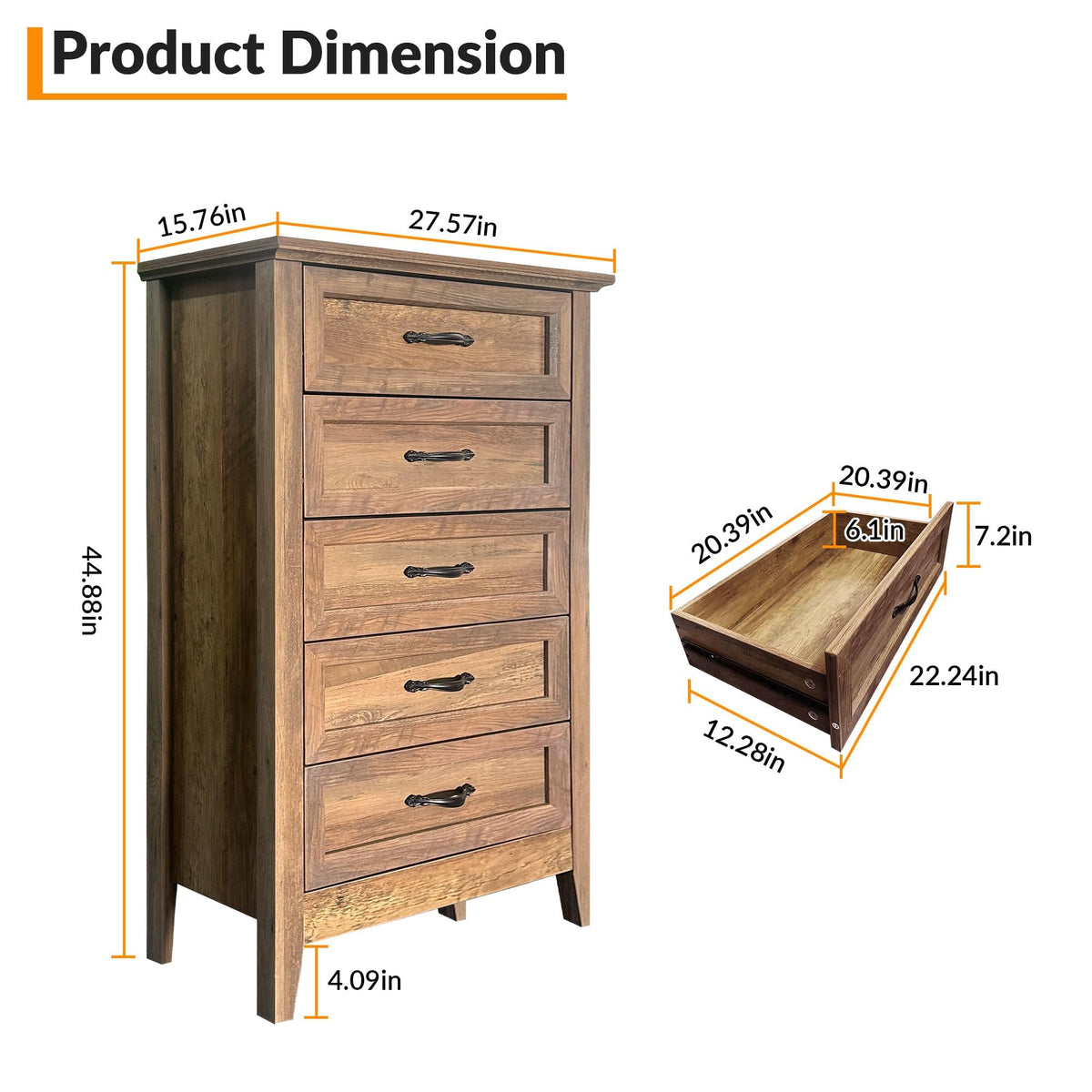 Garvee Cómoda de 5 Cajones de Estilo Retro Vintage, MDF y Tablero de Partículas Ecológicos, Superficie Impermeable, Patas de Madera y Anclaje Antivuelco, 40 x 70 x 114 cm, Amarillo Retro