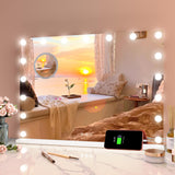 Garvee Espejo de Tocador Hollywood con 17 Bombillas Regulables y 3 Modos de Iluminación, Puerto USB y Tipo C, Control Táctil, Marco de Aluminio, Blanco, 80x60 cm - Blanco