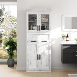 Garvee Meuble De Rangement Autoportant 170 cm - 4 Puertas, Cajón con Frente de Vidrio - MDF Duradero, Estantes Ajustables - Baño, Cocina, Salón, Diseño Moderno, Fácil Montaje - Blanco Antiguo