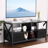 Garvee Mueble TV para Salón Hasta 127 cm con 2 Cajones de Tela, Estantes Abiertos, Estructura de Acero y MDF, Diseño Moderno, Negro