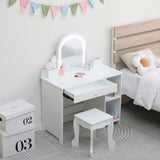 Garvee Vanidad Infantil con Espejo Iluminado y Taburete para Niñas de 3-9 Años, Almacenamiento Amplio, LED Ajustable, MDF Seguro, Dormitorio o Sala de Juegos - Blanco