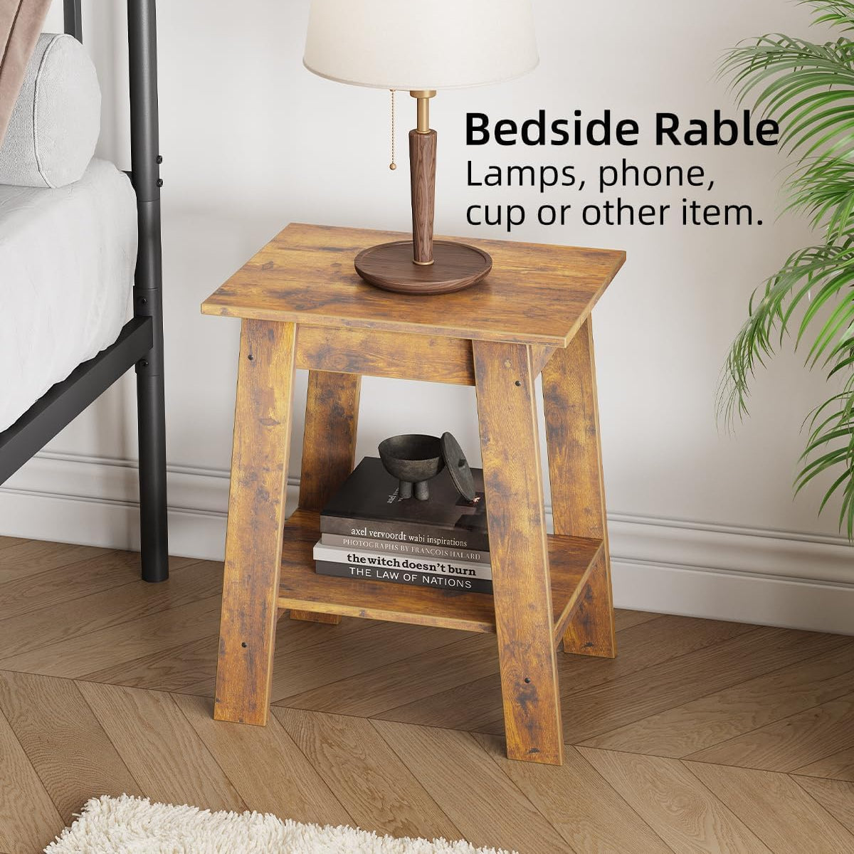 Garvee Mesa Auxiliar Pequeña de Madera Estilo Rústico con 2 Estantes para Dormitorio, Oficina, Sala de Estar, 48.2×30×48.2CM, Rústico Marrón