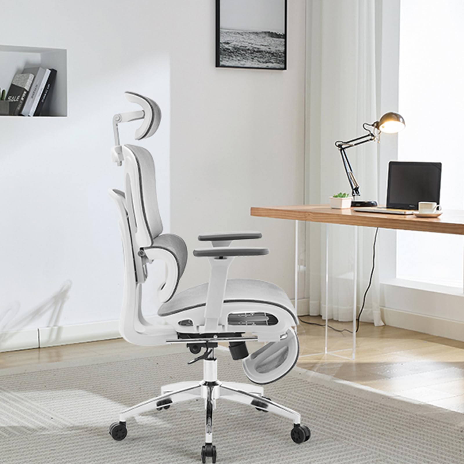 Silla de oficina ergonómica blanca y gris Garvee con reposapiés