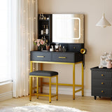 Garvee Coiffeuse con Espejo LED 3 Modos, 4 Cajones, Metal Dorado y Blanco para Dormitorio, 53x31x15cm - Negro