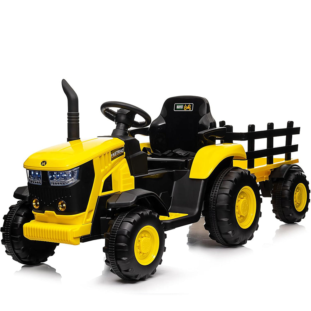 Garvee Tractor Eléctrico 12V, Remolque Amovible, Motor Dual 35W, Control Remoto, Música MP3, LED, 3 Velocidades, Batería Recargable, 3-6 años, Jardín y Patio, Amarillo