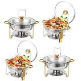 Garvee Set de 4 Rechauds Redondos de Acero Inoxidable 5QT, Tapa de Vidrio Visible y Soporte, 42x41x28cm, Bordes Dorados para Eventos y Camping - Oro & Plata