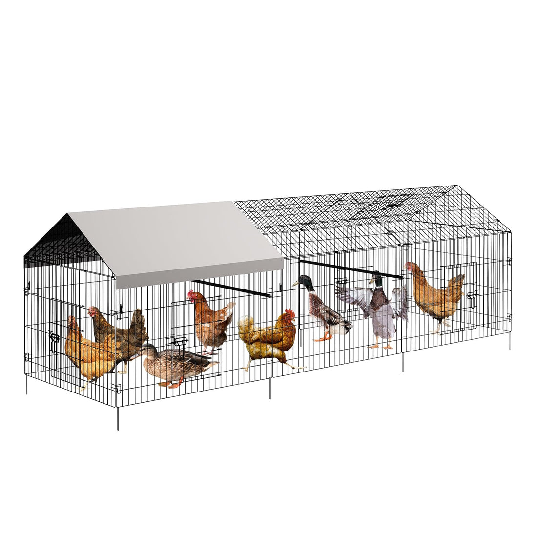 Garvee Gallinero metálico portátil de 330.2 x 101.6 x 101.6 cm, con 4 puertas y ventana, antioxidante, base impermeable, fácil montaje, para pollos y mascotas