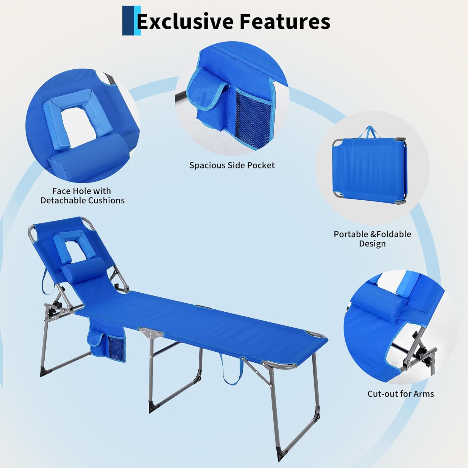 Garvee Tumbona Reclinable Alta con Abertura Facial, 5 Posiciones, Tejido Oxford 600D Resistente al Agua, Plegable con Bolsillo, Azul