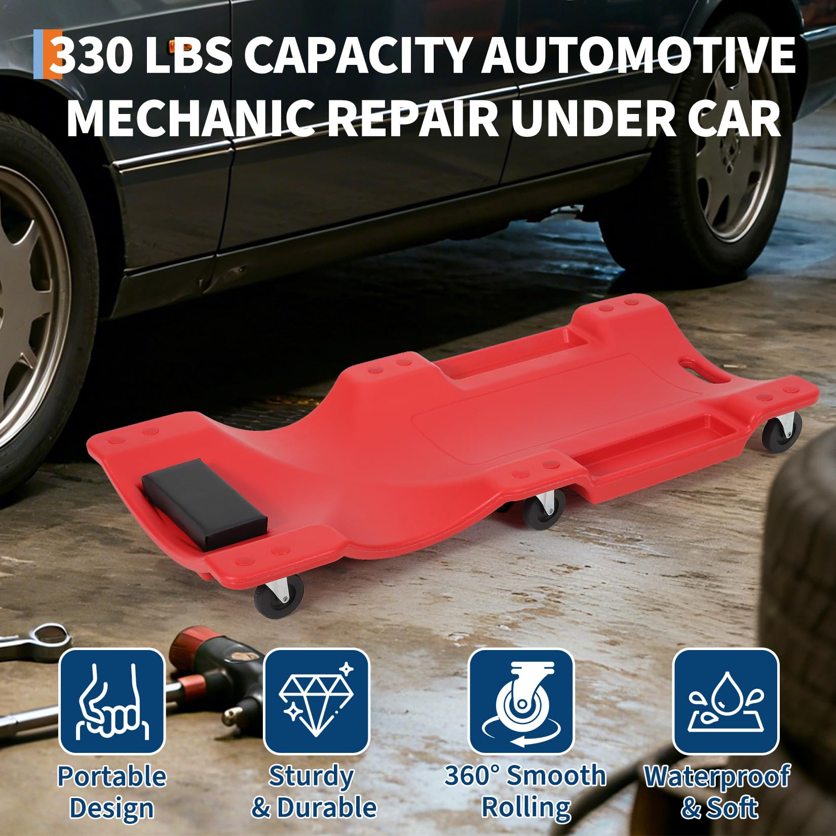 Garvee Creeper Automotriz de 102 cm con Cuerpo HDPE Capacidad de 159 kg Reposacabezas Acolchado y 6 Ruedas Giratorias de Bajo Perfil para Taller Color Rojo