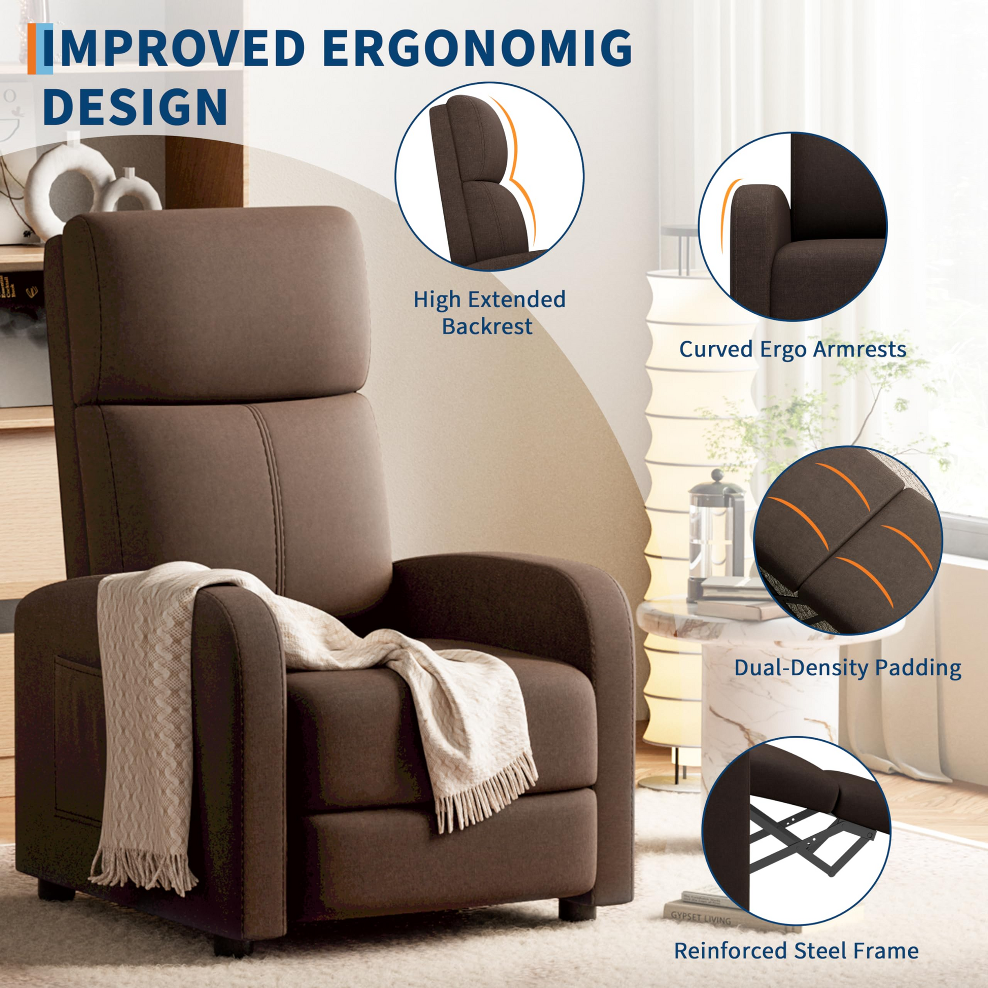 Garvee Poltrona Relax Reclinable con Schienale y Poggiapiedi Ajustables, Tela Transpirable, Diseño Compacto para Sala y Dormitorio, Estructura Robusta, Color Neutro