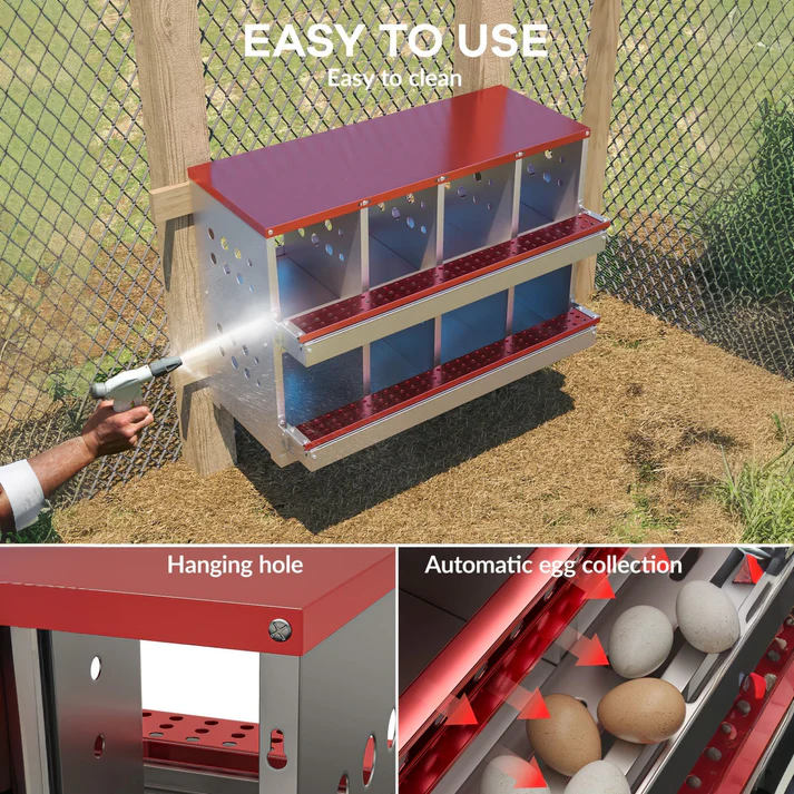 Garvee Caja de Nido para Gallinas 2 Capas 8 Compartimentos, Acero Galvanizado, Con 8 Huevos Falsos, Fácil Limpieza Montaje en Pared, Rojo