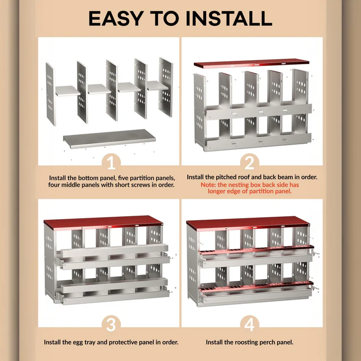 Garvee Caja de Nido para Gallinas 2 Capas 8 Compartimentos, Acero Galvanizado, Con 8 Huevos Falsos, Fácil Limpieza Montaje en Pared, Rojo