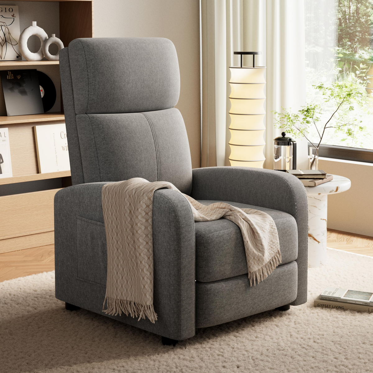 Garvee Sillón Reclinable Individual De Alto Respaldo Con Brazos Anchos Y Cojín Mullido Para Salón, Dormitorio Y Cine En Casa, Lino Transpirable, Color Neutro