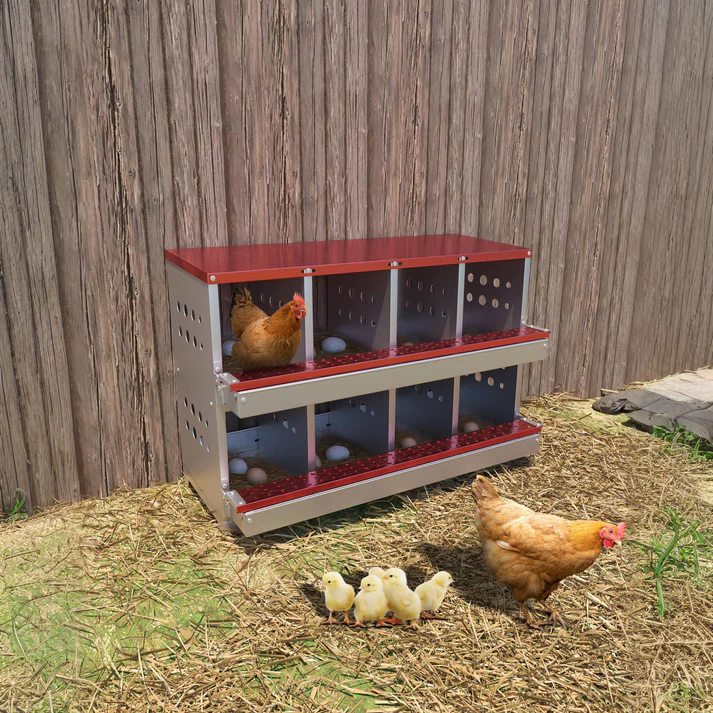 Garvee Caja de Nido para Gallinas 2 Capas 8 Compartimentos, Acero Galvanizado, Con 8 Huevos Falsos, Fácil Limpieza Montaje en Pared, Rojo