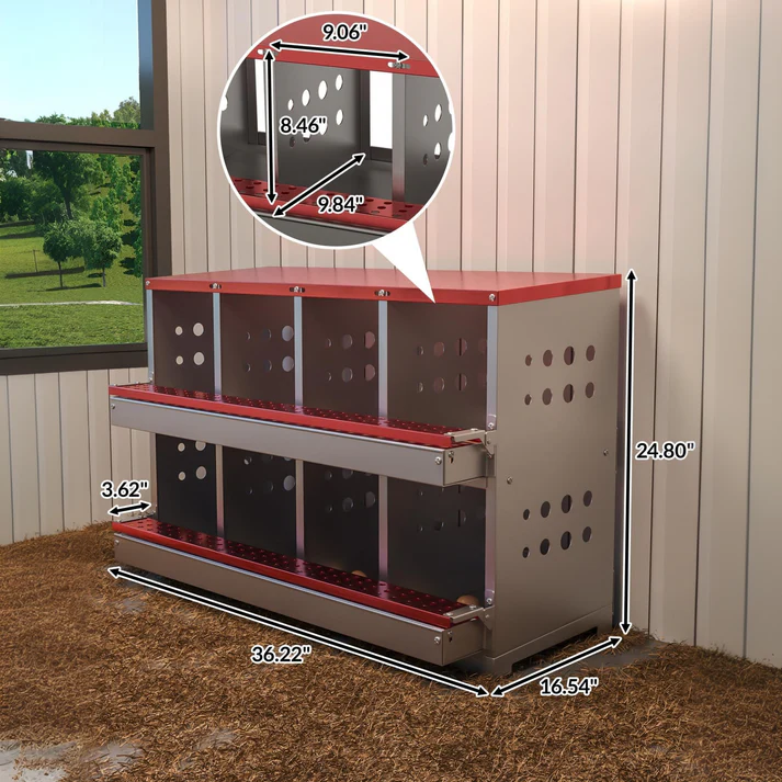 Garvee Caja de Nido para Gallinas 2 Capas 8 Compartimentos, Acero Galvanizado, Con 8 Huevos Falsos, Fácil Limpieza Montaje en Pared, Rojo
