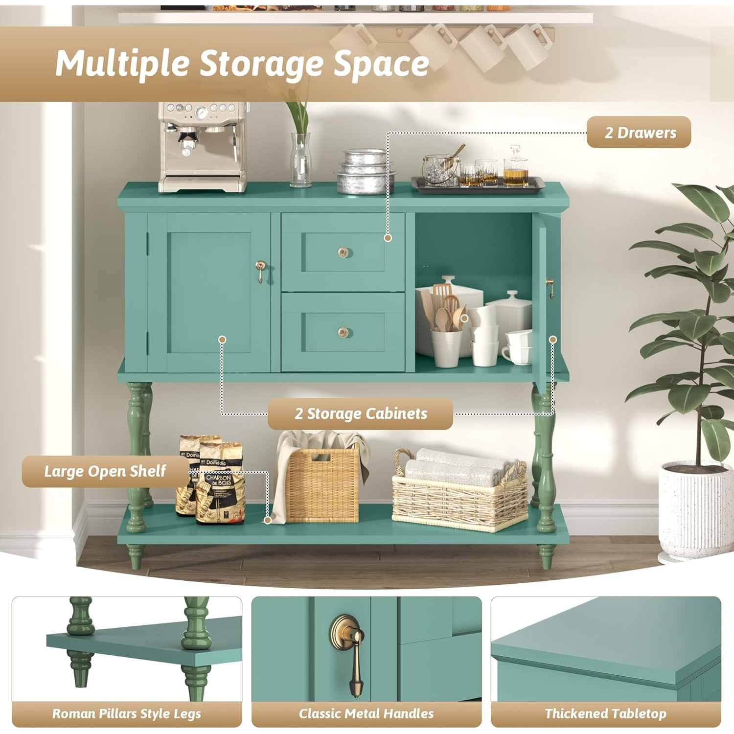 Garvee Mesa de Entrada Vintage con 2 Cajones y Puertas para Sala y Pasillo, 107 cm, Verde, Rústico