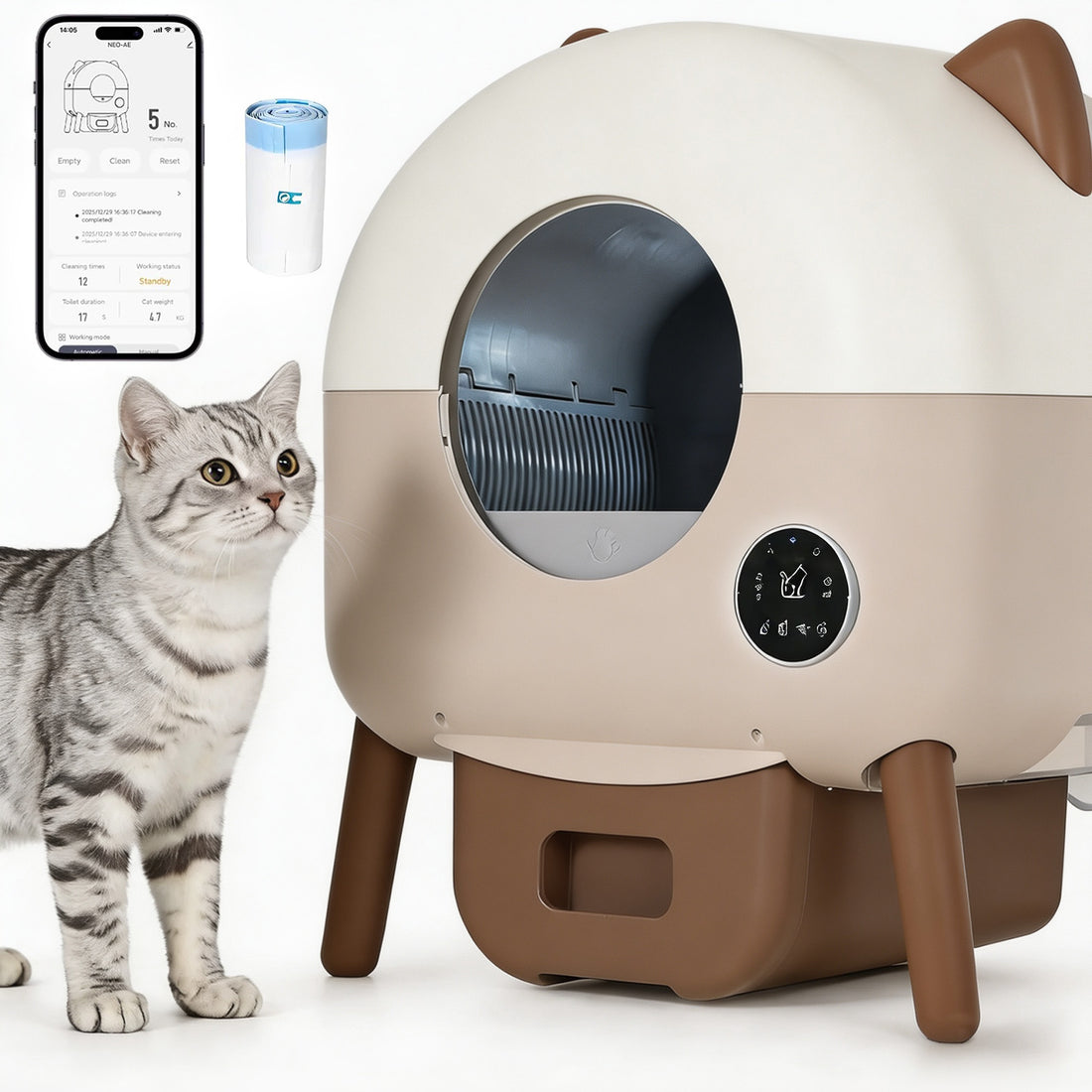 Garvee Arenero Autolimpiante Automático para Gatos Tambor 76 L Control por App Wi-Fi Triple Seguridad Blanco y Café