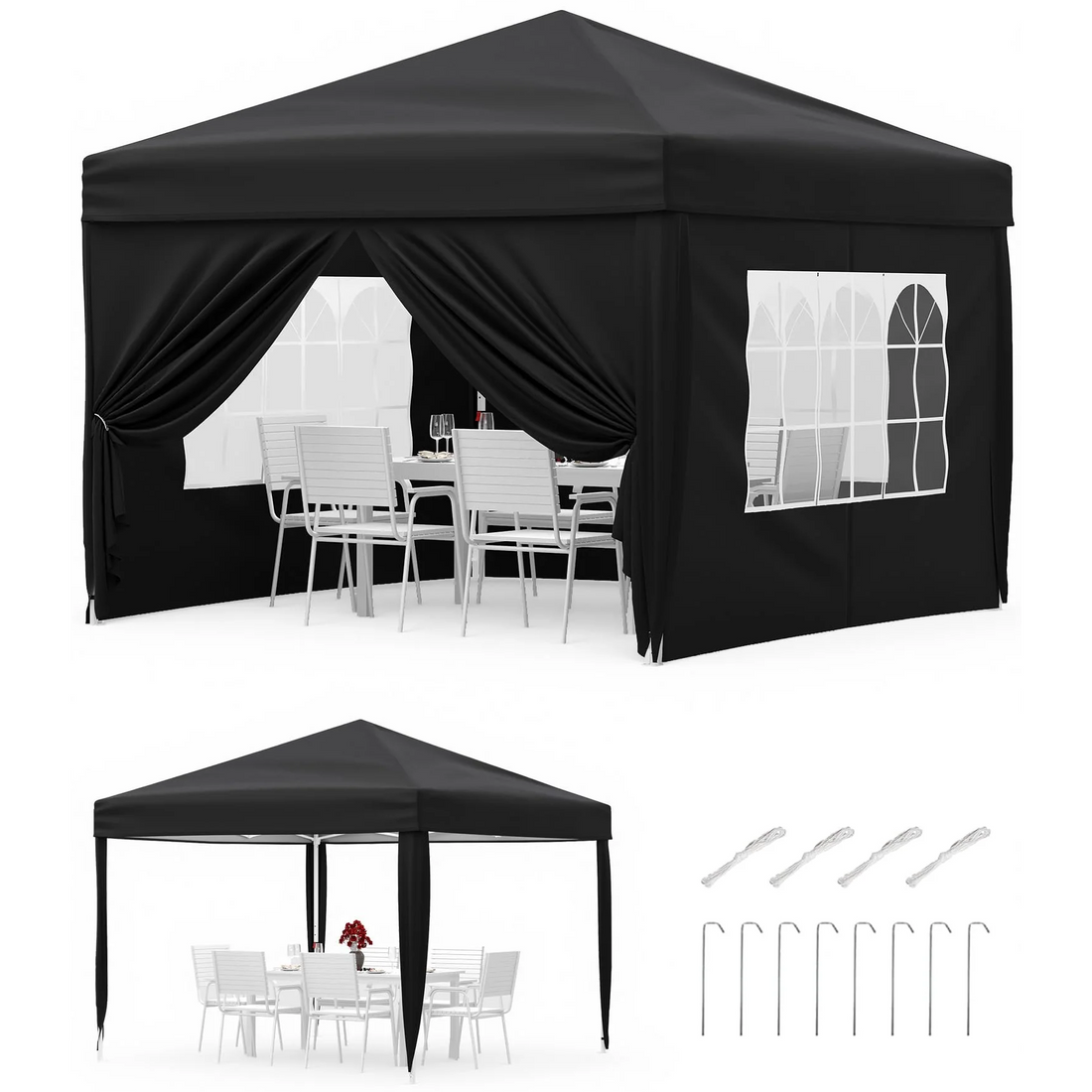 Garvee Cenador Plegable 3x3m Carpa Pop-Up Impermeable con Paredes Laterales Ventanas Tipo Iglesia y Protección UV Carpa de Fiesta Altura 270cm Color Negro
