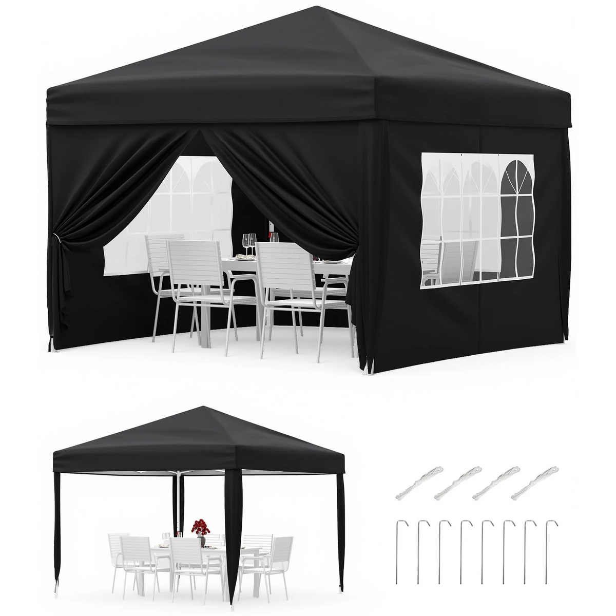 Garvee Cenador Plegable 3x3m Carpa Pop-Up Impermeable con Paredes Laterales Ventanas Tipo Iglesia y Protección UV Carpa de Fiesta Altura 270cm Color Negro