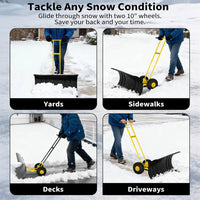 Garvee Pala de Nieve de Acero Galvanizado 73.66 Cm con Ruedas, Hoja Ajustable 7 Posiciones, Mango Ergonómico 5 Niveles, Armazón Robusto para Usuarios Comunes en Entradas y Aceras, Amarillo