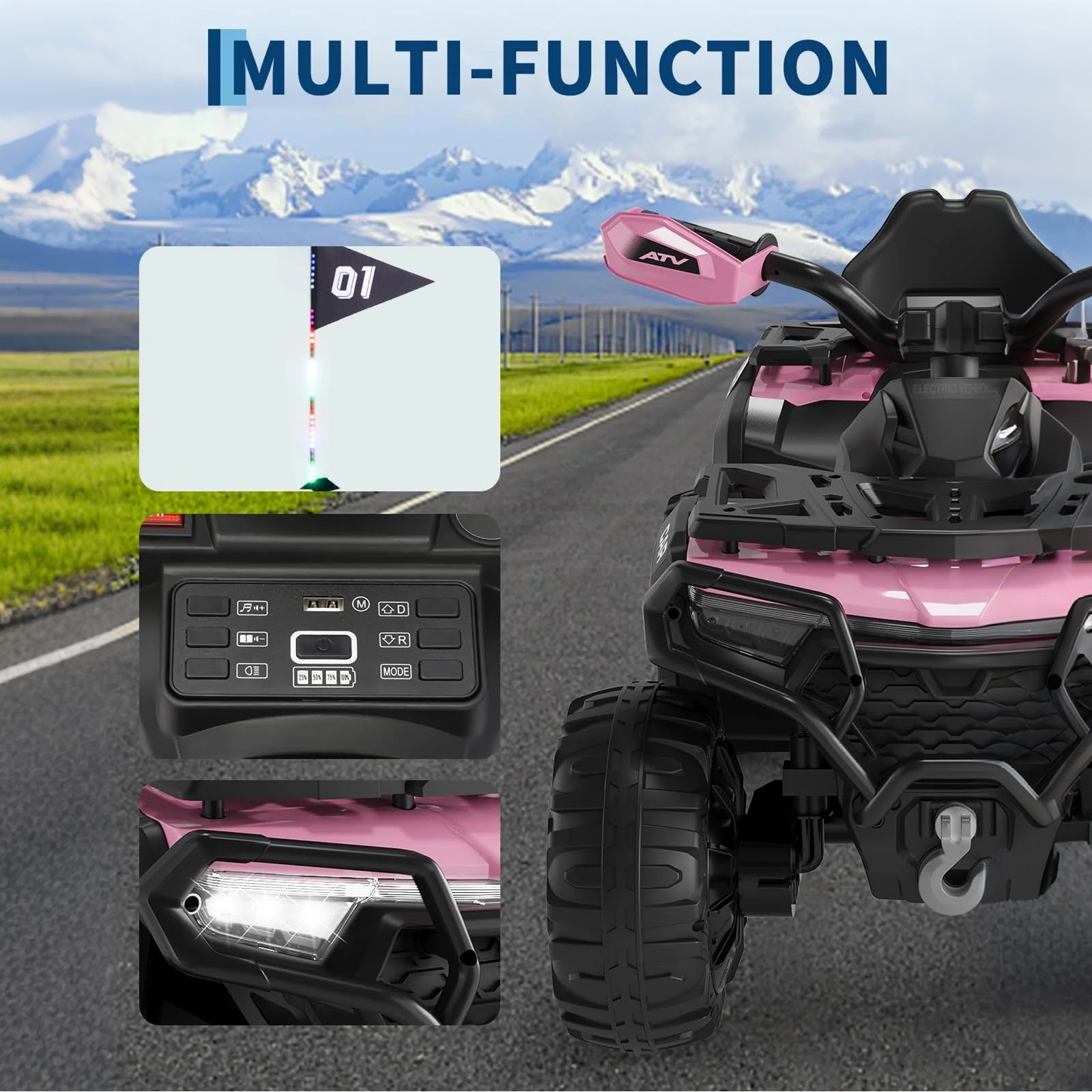 Garvee Quad Eléctrico 12V, 2 Motores, Suspensión, LED, Bluetooth, Música, USB, Control Parental, Ruedas de Plástico Off-Road, 3-6 años, Exterior, Rosa