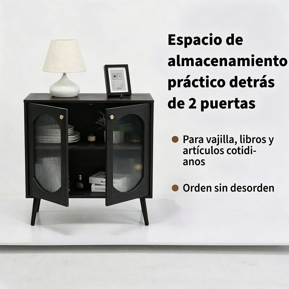 Garvee Aparador Contemporáneo de PB con 2 Puertas de Vidrio Texturizado Mueble Multifuncional para Salón o Pasillo Negro