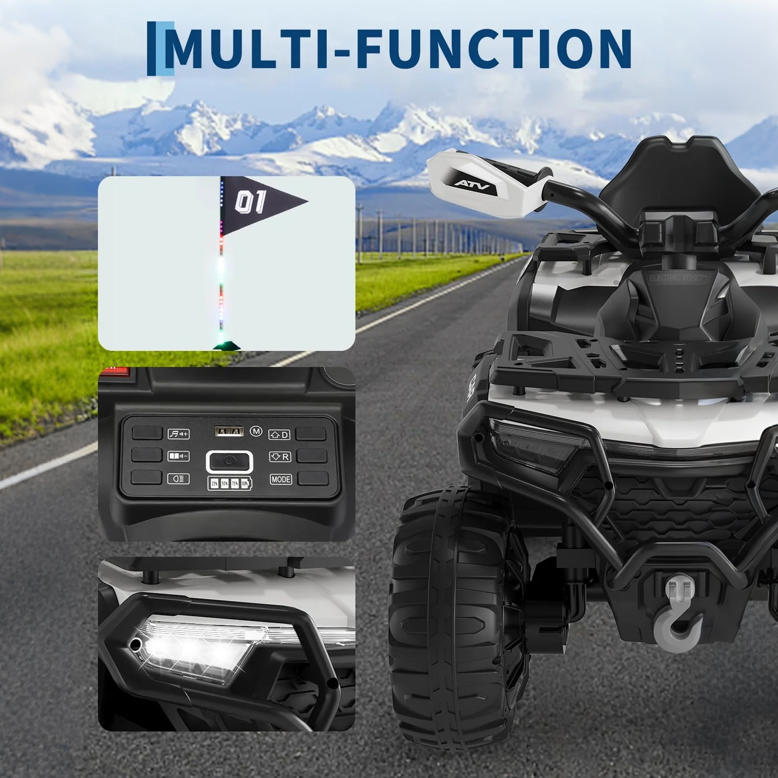 Garvee Quad Eléctrico 12V, 2 Motores, Suspensión, LED, Bluetooth, Música, USB, Control Parental, ATV Offroad, 3-8 años, Exterior, Blanco