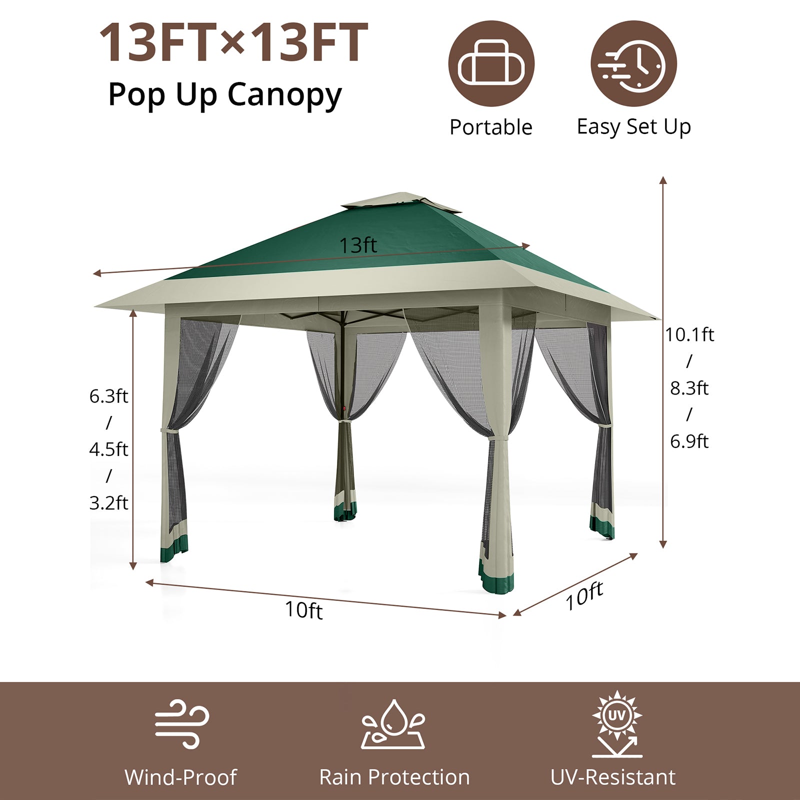 Garvee Gazebo Plegable de 396 x 396 cm con Mosquitera Perimetral y Estructura Reforzada, Protección UV 99%, Verde y Gris