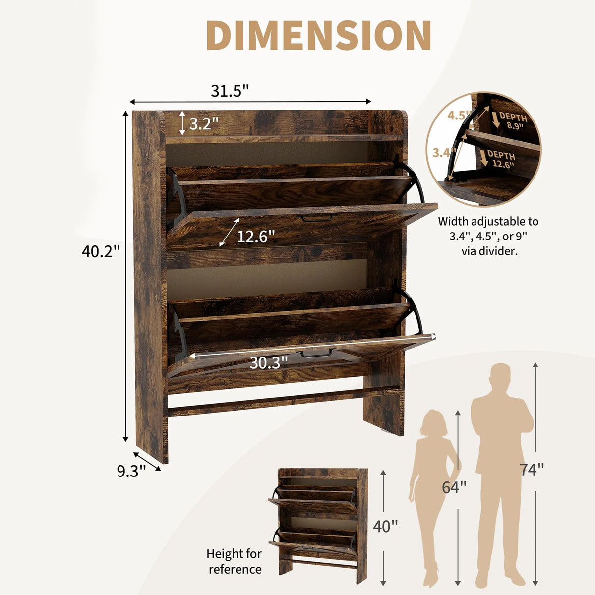Garvee Zapatero Estrecho de Recibidor con 2 Cajones Abatibles Organizador de Zapatos Oculto de Madera MDF y Patas Metálicas Mueble Estilo Industrial Rústico, Marrón