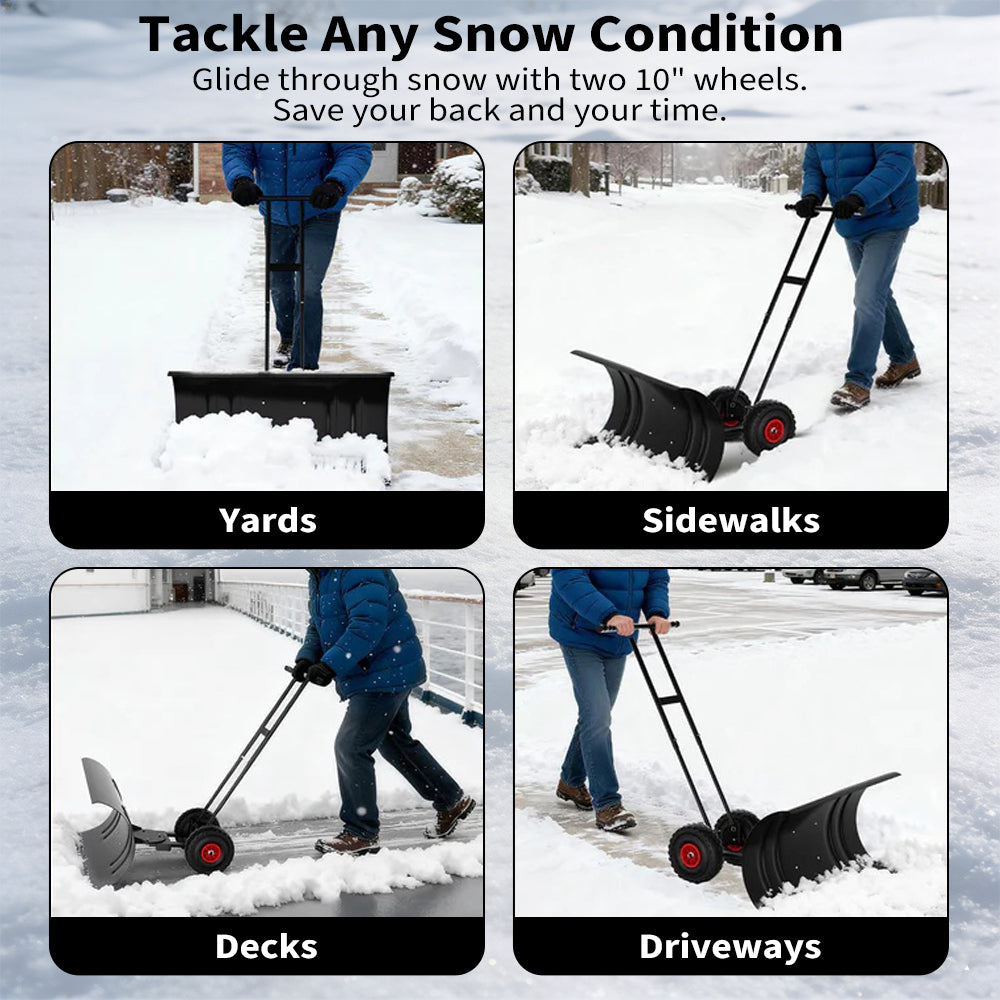 Garvee Pala de Nieve de Acero Galvanizado 73.66 Cm con Ruedas, Hoja Ajustable 7 Posiciones, Mango Ergonómico 5 Niveles, Herramienta Resistente para Propietarios de Casas en Entradas Residenciales, Negro