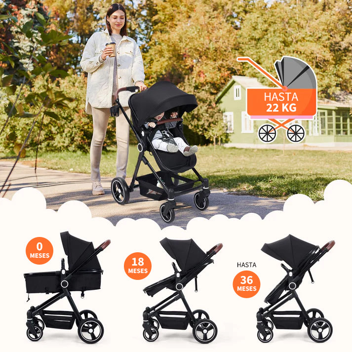 Garvee Cochecito Bebé 2en1 Alto Visión S600 Sistema Viaje Compacto Ligero Reversible Plegable Negro