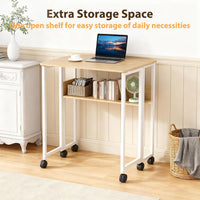 Garvee Escritorio Plegable con Ruedas y Estante de Almacenamiento de 63x50x75 cm, Mesa de Ordenador Compacta de Madera Natural y Acero