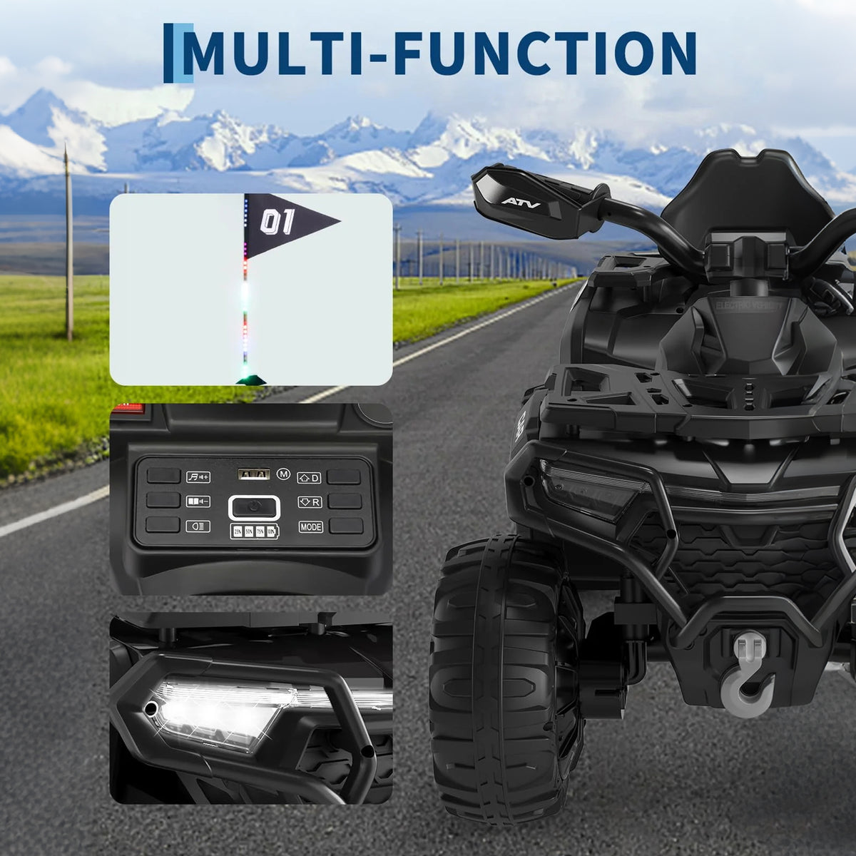 Garvee Quad Eléctrico 12V, 2 Motores, Suspensión Offroad, 4 Ruedas, LED Bluetooth, 3-8años, Exterior, Negro