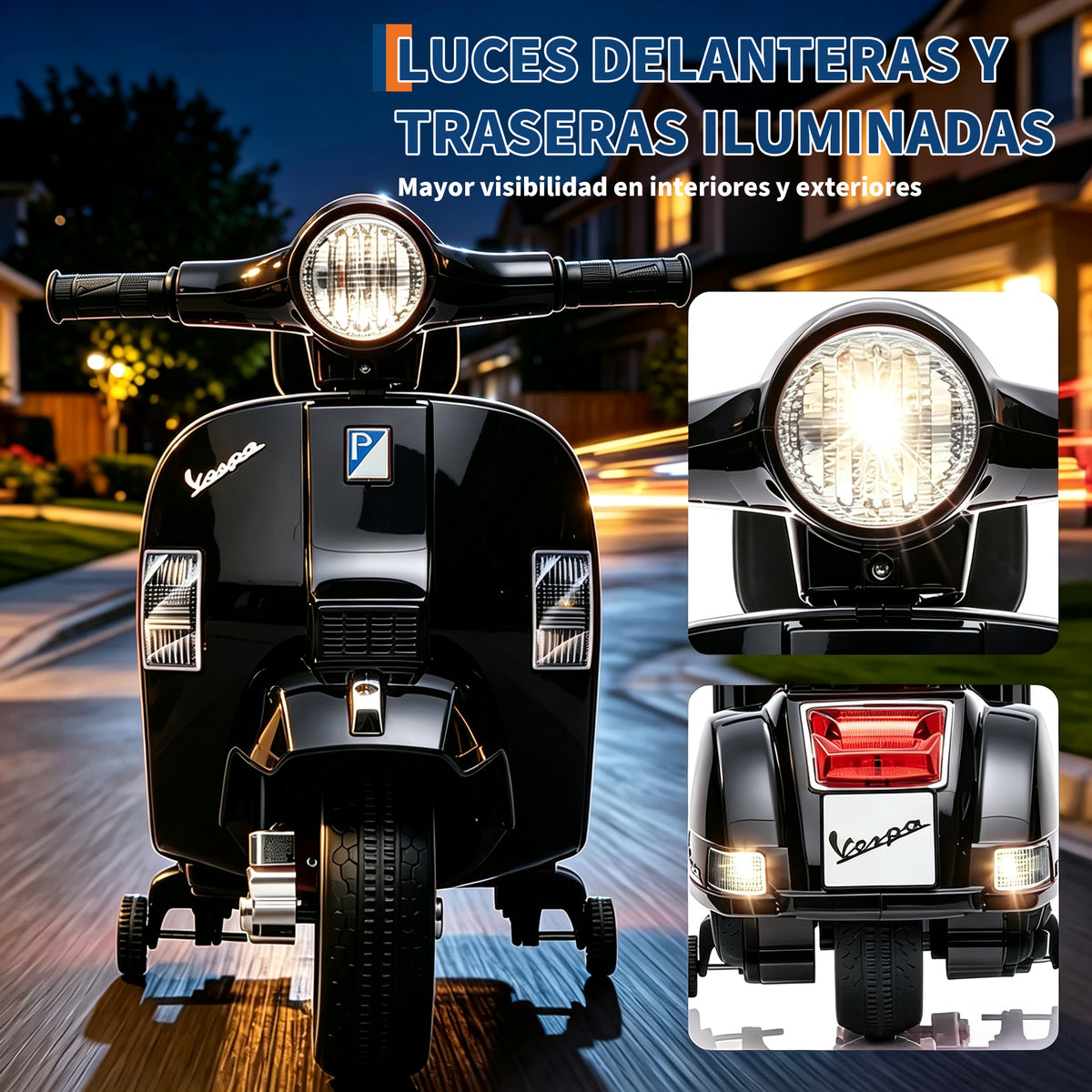 Garvee Moto Eléctrica Infantil Estilo Clásico Vespa 6V 4.5Ah con 3 Ruedas Seguras Faro LED y Música Scooter para Niños Negro