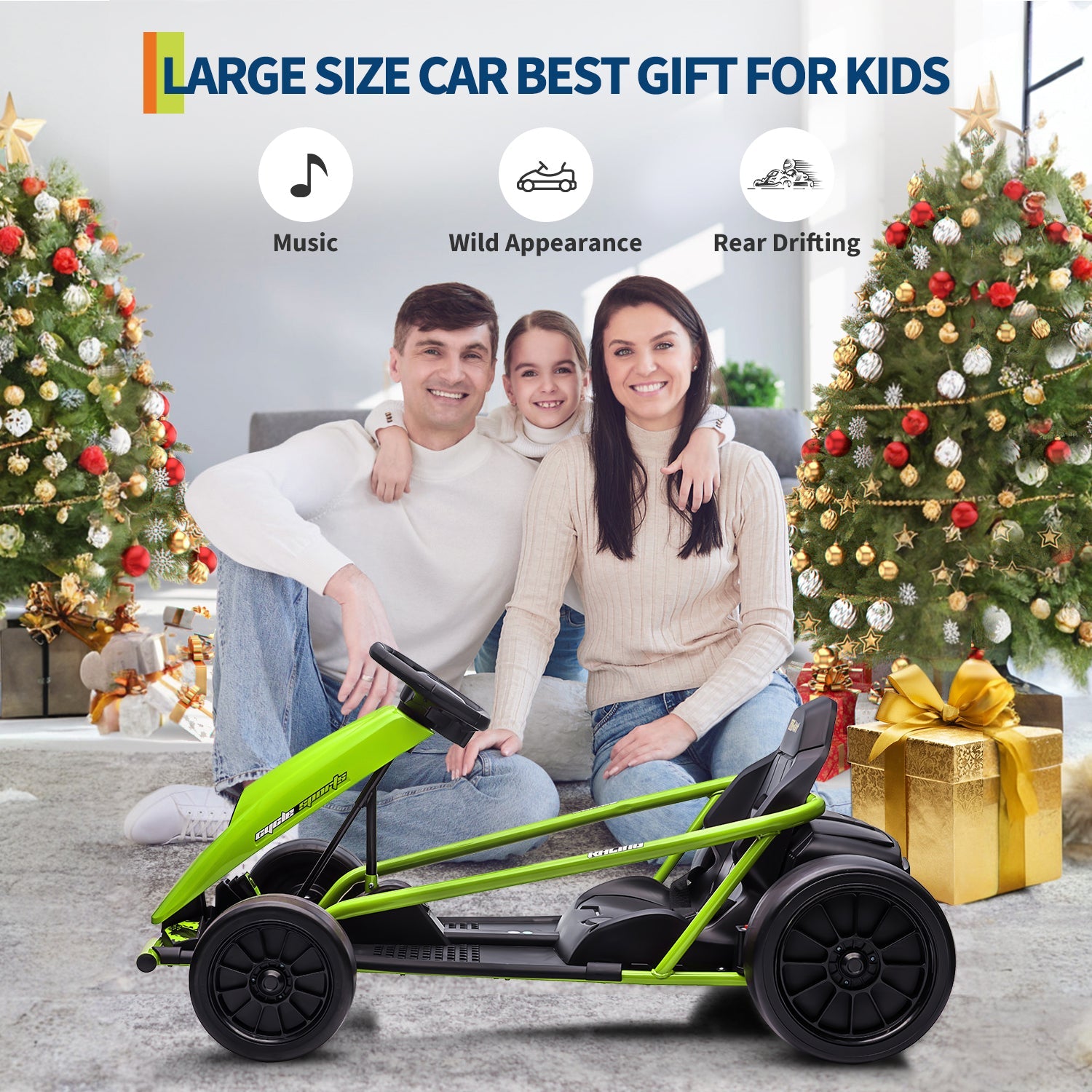 Garvee Go-Kart Eléctrico 24V, 2 Motores 300W, Velocidad 13 km/h, Asiento Amplio, Frenos de Seguridad, Música y Hupe, 8-12 años, Exterior, Verde