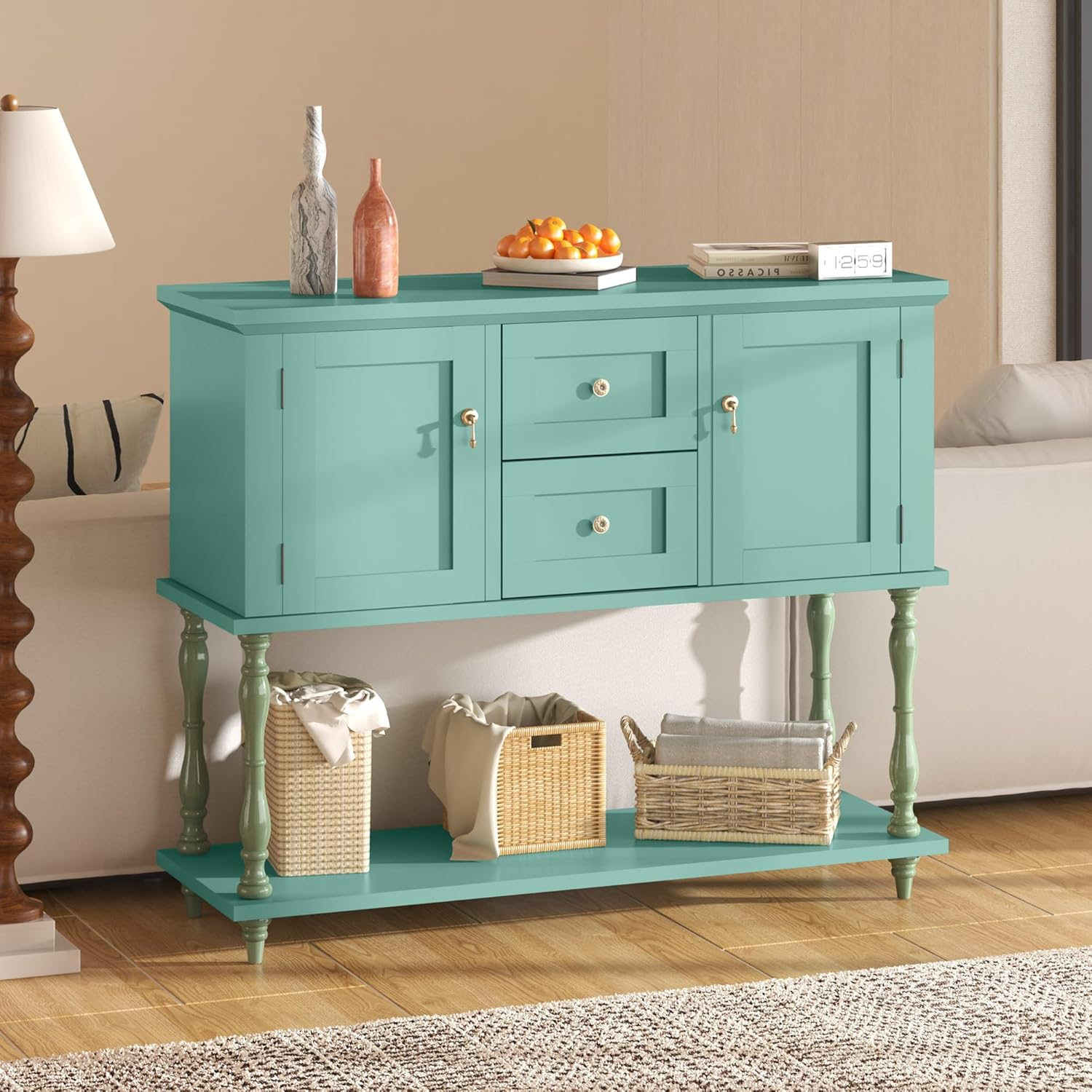 Garvee Mesa de Entrada Vintage con 2 Cajones y Puertas para Sala y Pasillo, 107 cm, Verde, Rústico