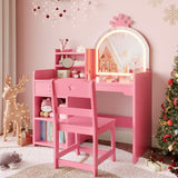 Garvee Set De Tocador Infantil Con Espejo Iluminado, Mesa Y Silla De Princesa, Almacenamiento Seguro De Madera Para Niñas, Fácil Montaje, Habitaciones Infantiles - Rosa1