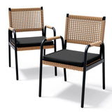 Garvee Juego de 2 Sillas de Comedor de Mimbre para Patio, Sillas de Exterior con Reposabrazos y Estructura Metálica Negra y Marrón - Negro