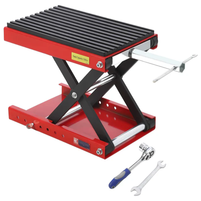 Garvee Elevador de Motocicletas de Acero Q235 544kg, Soporte Tijera Ancho, Bloqueo de Seguridad con Pasador, Llave de Trinquete, Plegable Rojo para Garaje y Taller