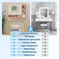 Garvee Tocador de Maquillaje 79cm con Espejo LED, 2 Cajones y Armario, Incluye Estación de Carga con Enchufe Europeo, Madera Natural