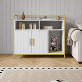 Garvee Caja de Arena para Gatos Moderna de Madera 95 cm con Ventilación y Entrada Lateral, Estante de Almacenaje, Mueble Multifuncional Blanco y Dorado - Blanco