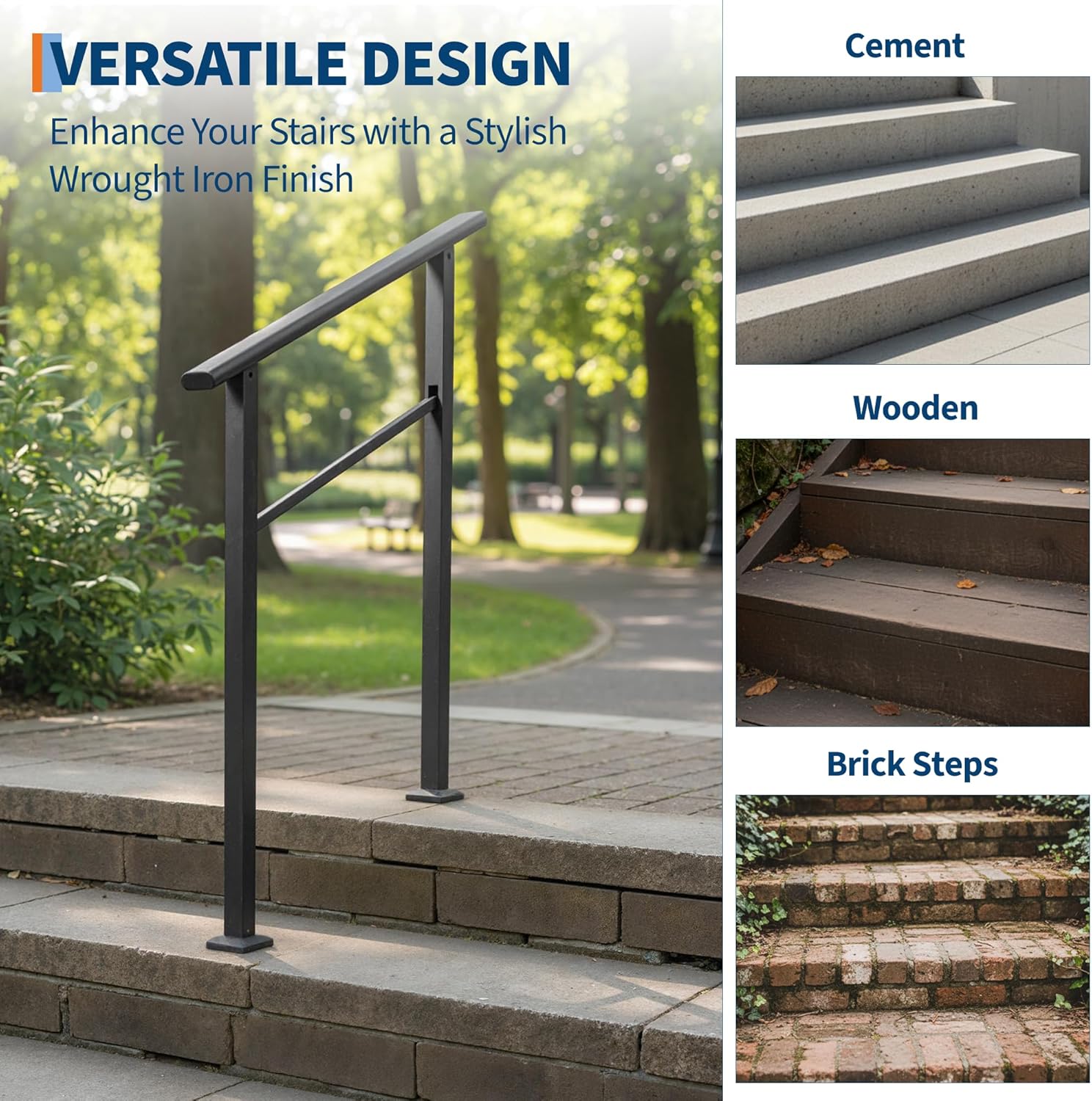 Garvee Pasamanos de 2 Peldaños con Soporte Ajustable y Kit de Instalación Completo para Escalones de Hormigón y Madera Negro