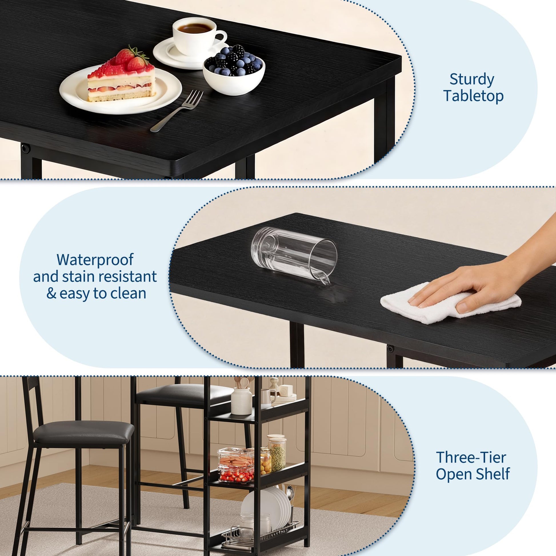 Garvee Juego De Comedor 3 Piezas Con Estantes De Almacenamiento, Sillas Acolchadas, Estructura De Hierro Y Madera, Compacto Para Apartamentos, Negro