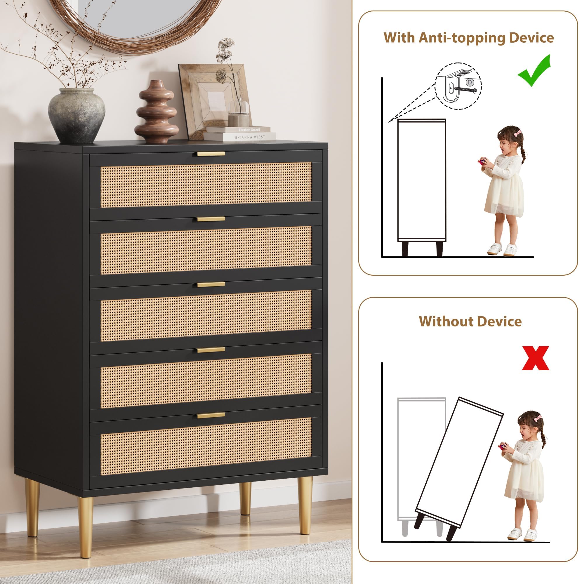 Cajonera vertical negra con patas y tiradores dorados de metal