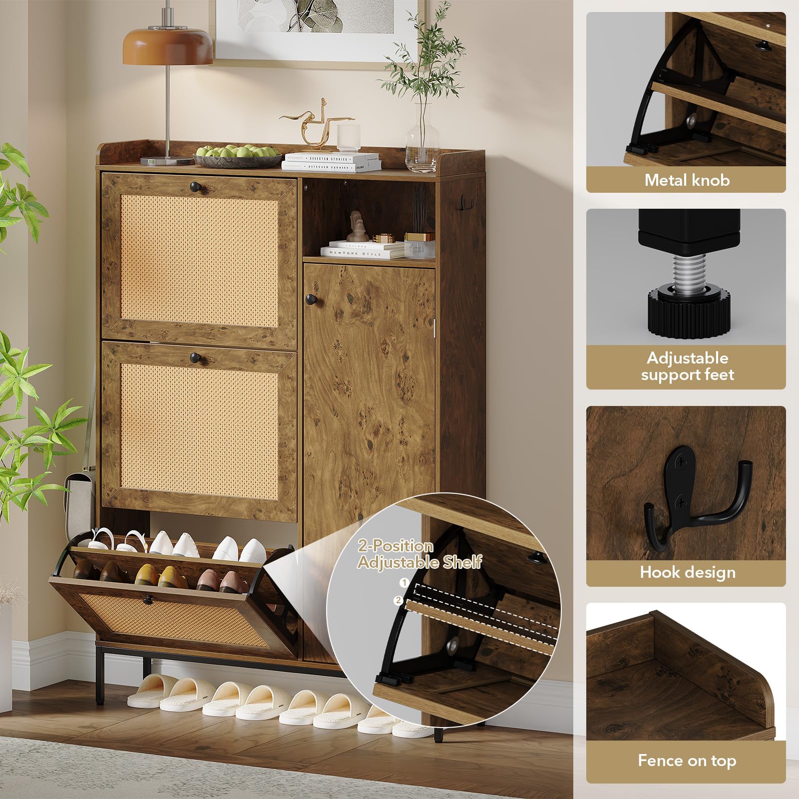Gabinete para zapatos de madera MDF con cajones de ratan