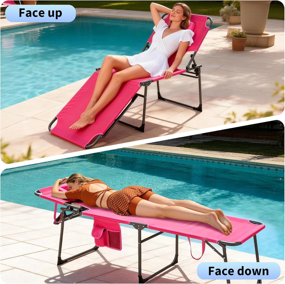 Garvee Tumbona Alta de Playa Plegable con Abertura Facial Acolchada, Respaldo Reclinable de 5 Posiciones, Bolsillo Lateral y Tejido Oxford 600D, Rosa