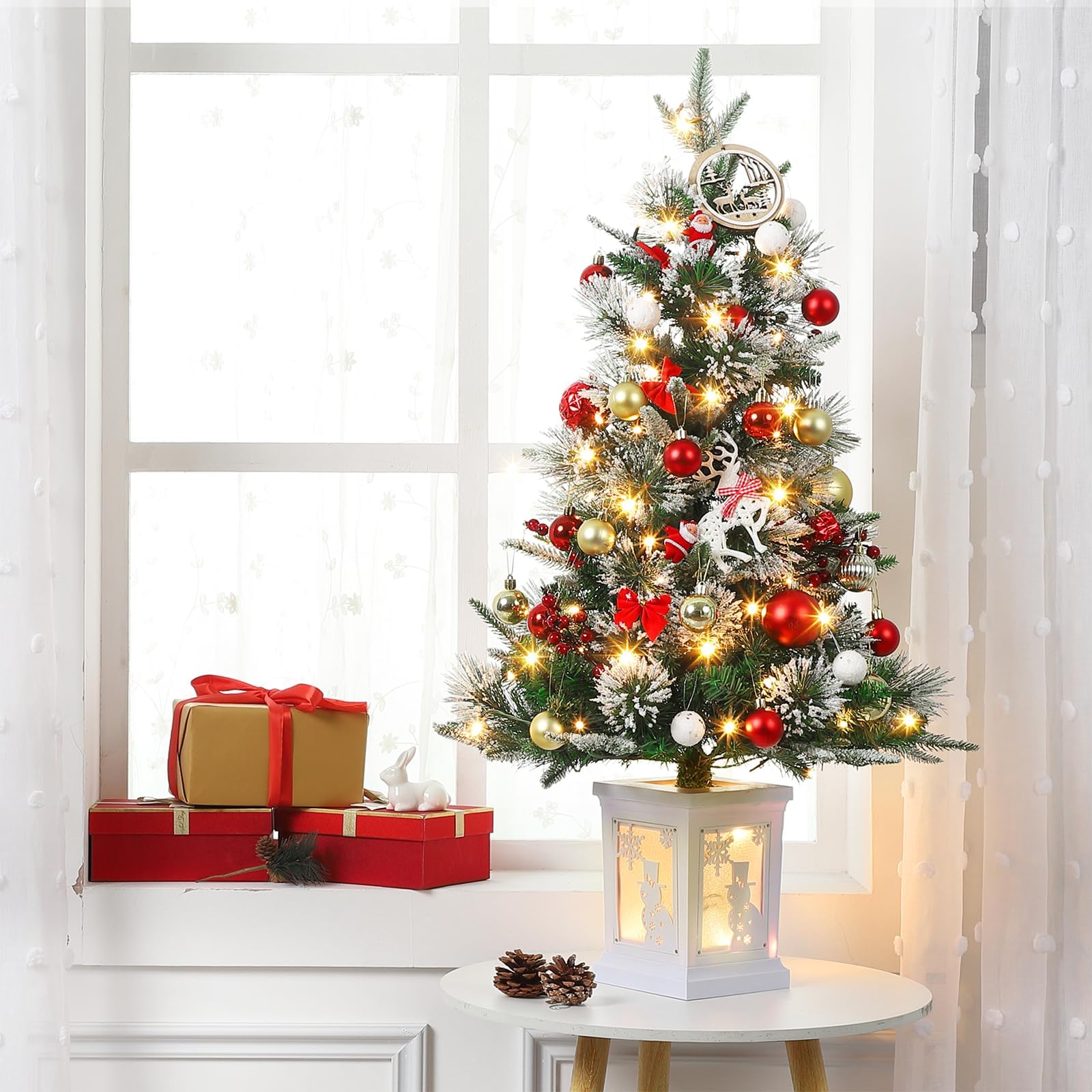 Garvee Árbol de Navidad Mini 90cm con Muñeco de Nieve, LED Blanco Cálido y Base Blanca, Decoración Festiva Preiluminada para Hogar y Oficina, 2 Paquetes