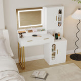 Garvee Tocador Fluted con Espejo LED y Estación de Carga, Escritorio de Madera Blanco para Dormitorio, Diseño Ondulado, Almacenaje Completo - Blanco