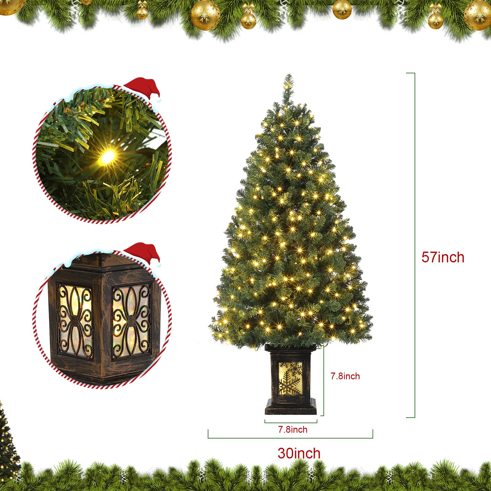 Garvee árbol de Navidad artificial de 145 cm con 300 luces LED cálidas blancas, 8 modos, maceta retro iluminada, para familia, oficina, pasillos, verde y nevado